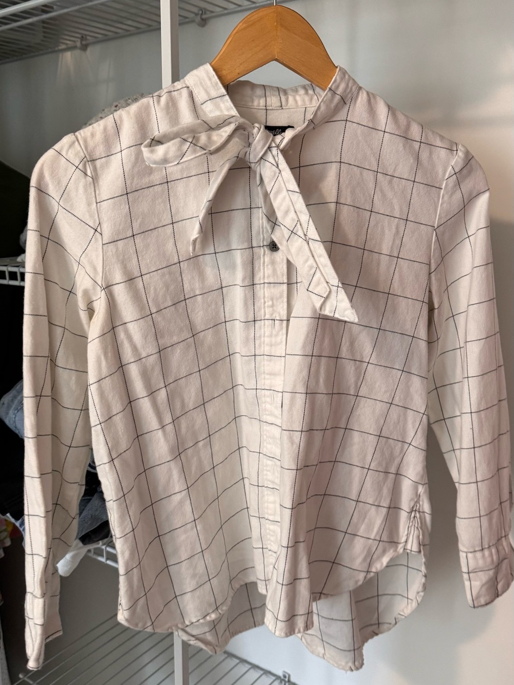 Madewell Cream Grid Tie-Neck Button-Down Blouse